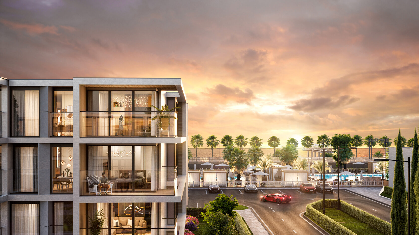 VOLNA Residences — фасад на закате